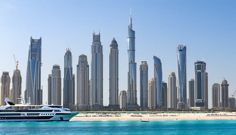 Dubai skyline with iconic landmarks and travel vehicles