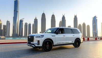 Dubai cityscape with a luxury travel vehicle
